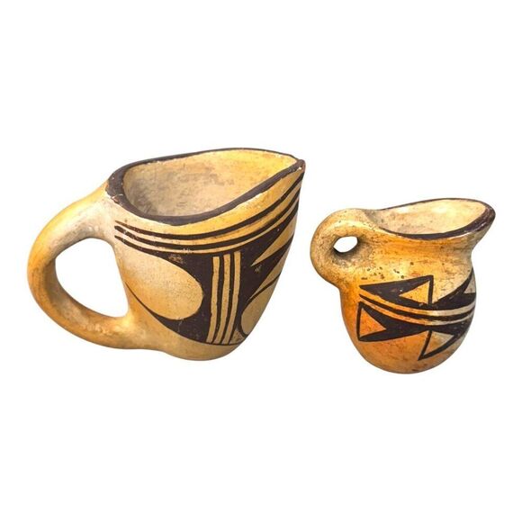 Vintage Pueblo Pottery Lot of 2 Southwestern Style Mini Pitcher Set Primitive - Picture 2 of 6